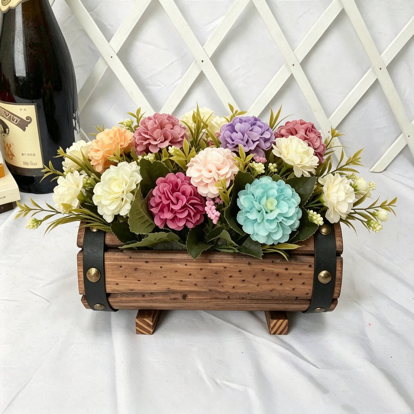 Free Shipping Artificial Flowers Plants With Wooden Bucket Home Shop Bar Decor