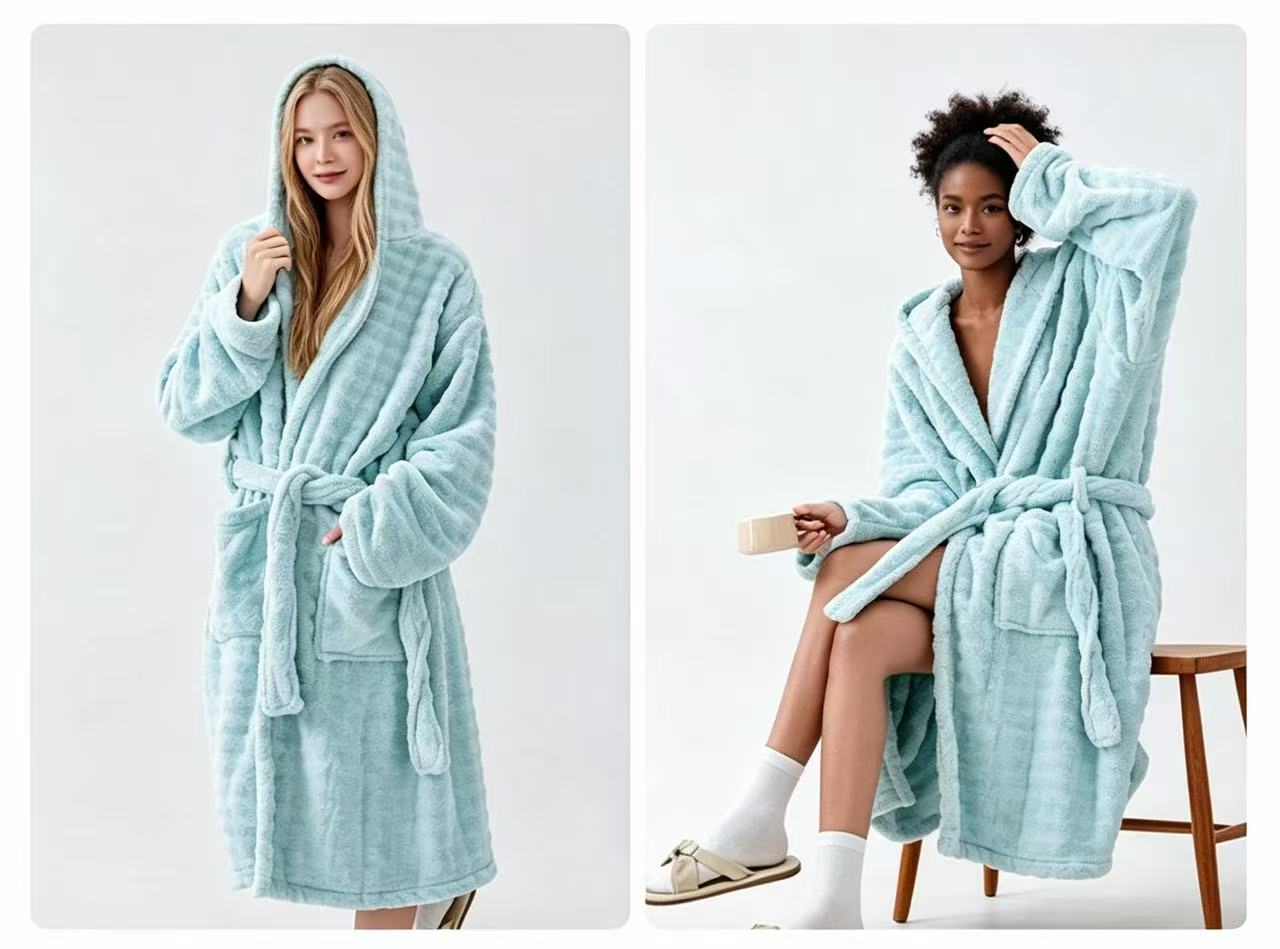 Free Shipping Women Cloud‑Soft Coral Fleece Hooded Bath Robe Long Warm Loungewear Pijama Robe with Pockets