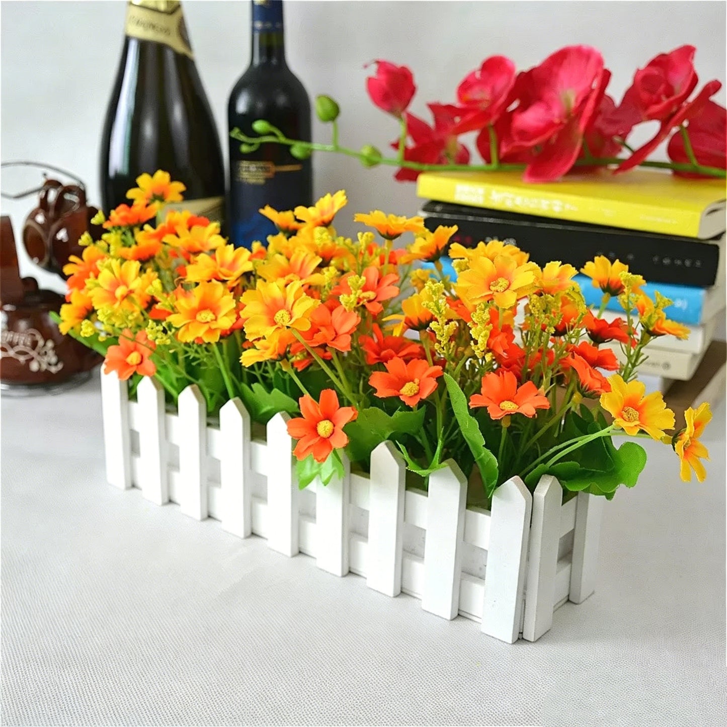 Free Shipping Artificial Flowers Plants With Wooden Fence Home and Shop Party Decor