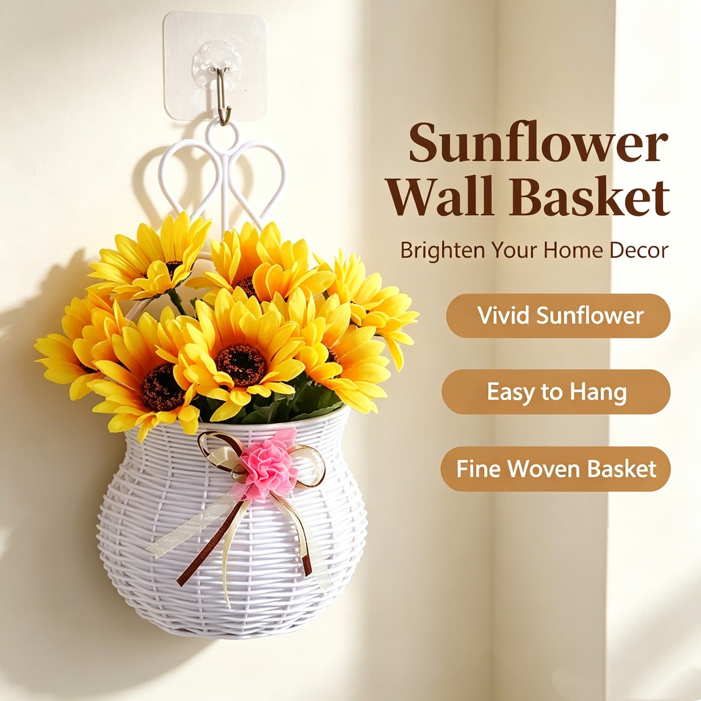 Home Decor Artificial Flowers Hanging Basket Wall Decor No Drilling Hook