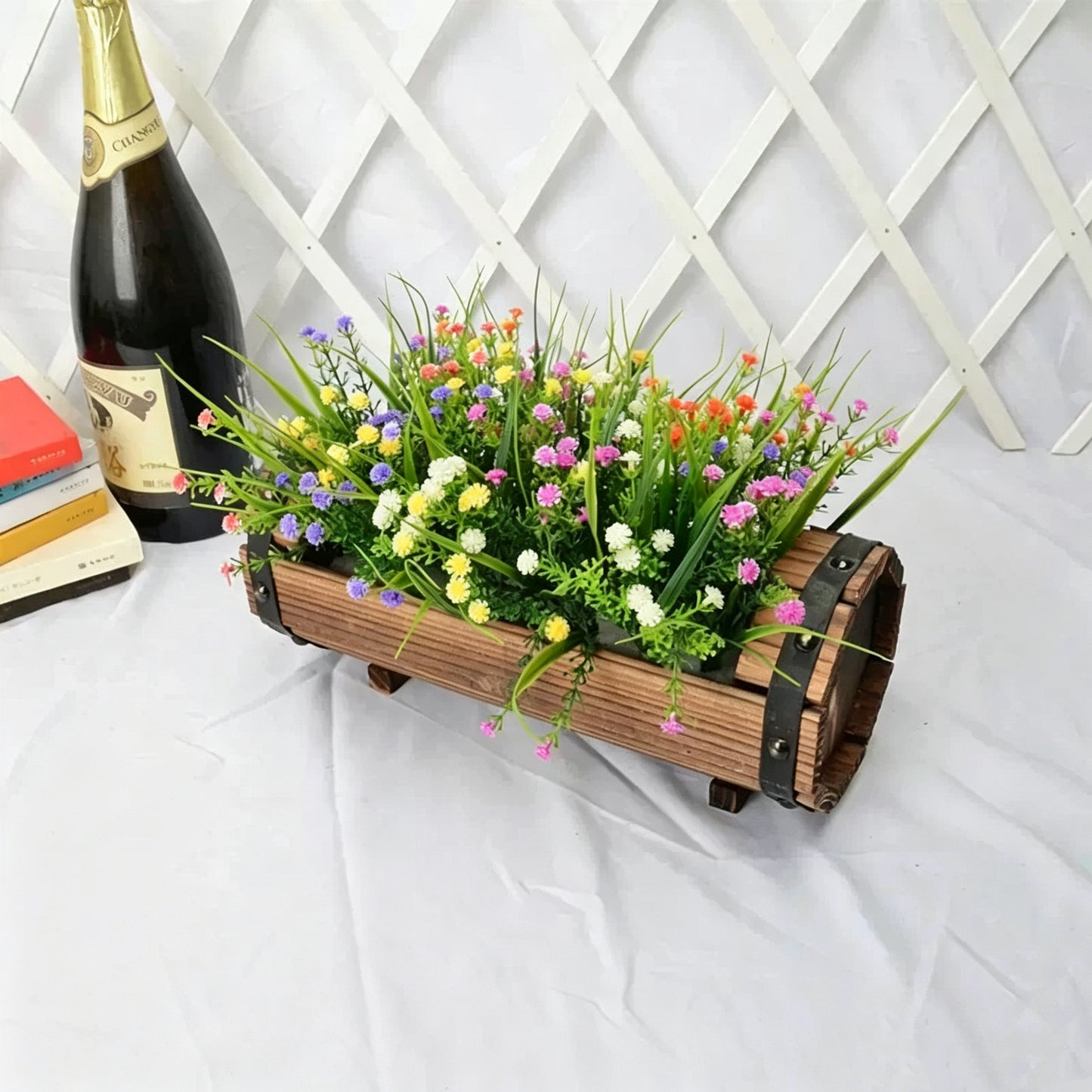 Free Shipping Artificial Flowers Plants With Wooden Bucket Home Shop Bar Decor