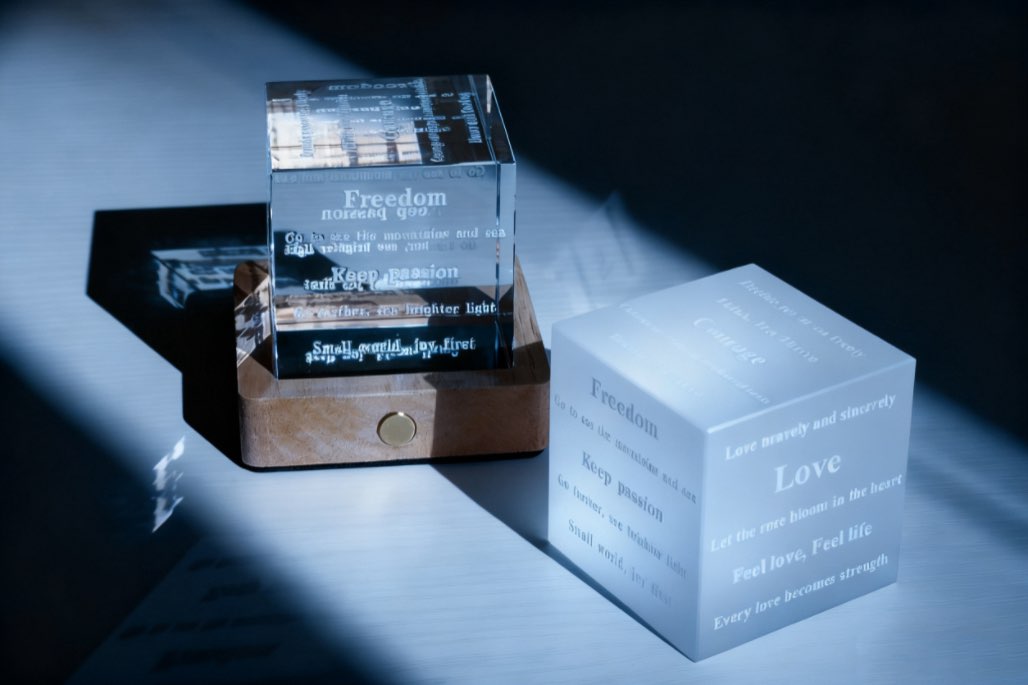 Crystal Glass Energy Cube Night Light with Letters Christmas Gift