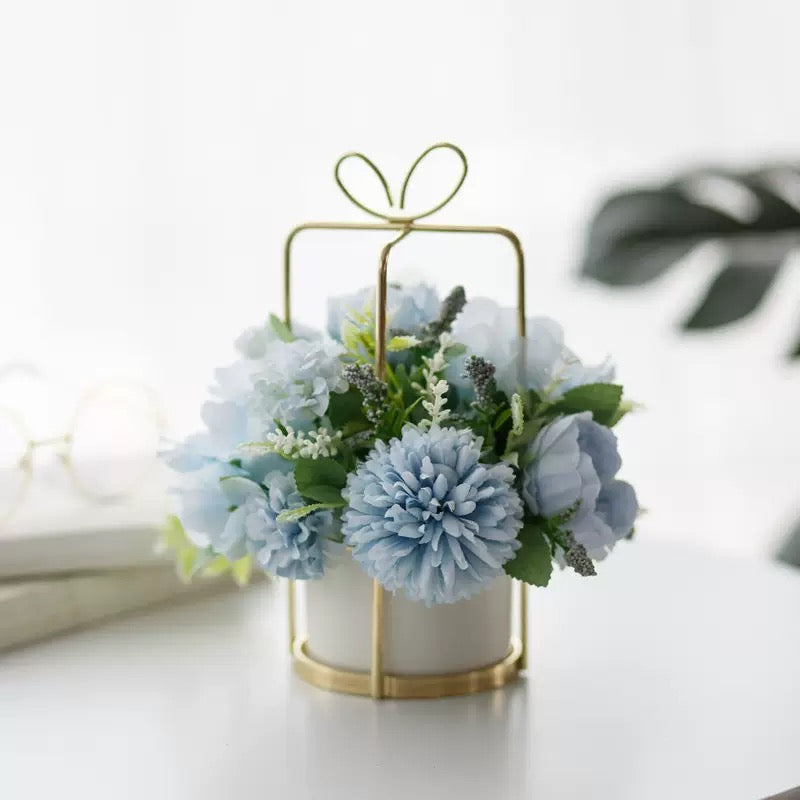 Free Shipping Gift Box Shaped Golden Metal Basket Artificial Silk Flower Table and Home Decor