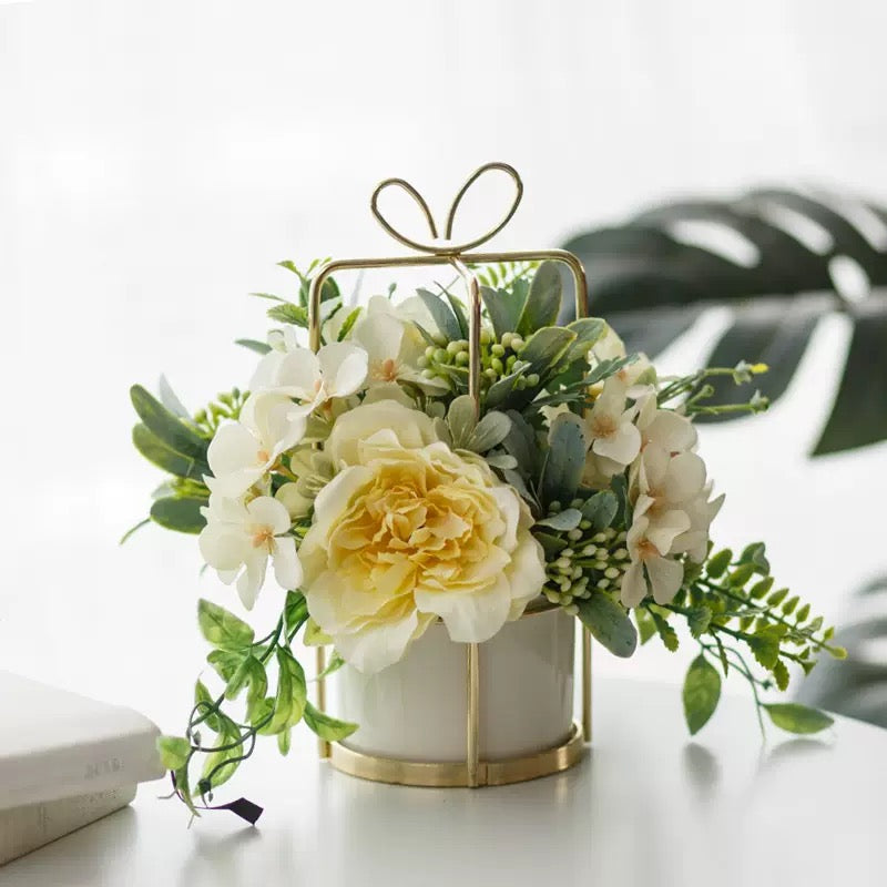 Free Shipping Gift Box Shaped Golden Metal Basket Artificial Silk Flower Table and Home Decor