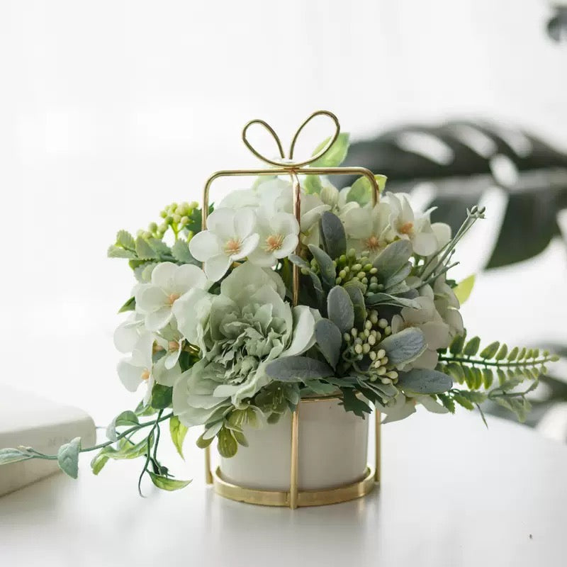 Free Shipping Gift Box Shaped Golden Metal Basket Artificial Silk Flower Table and Home Decor