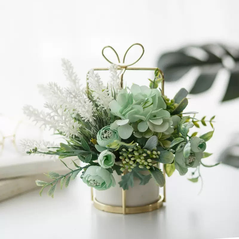 Free Shipping Gift Box Shaped Golden Metal Basket Artificial Silk Flower Table and Home Decor