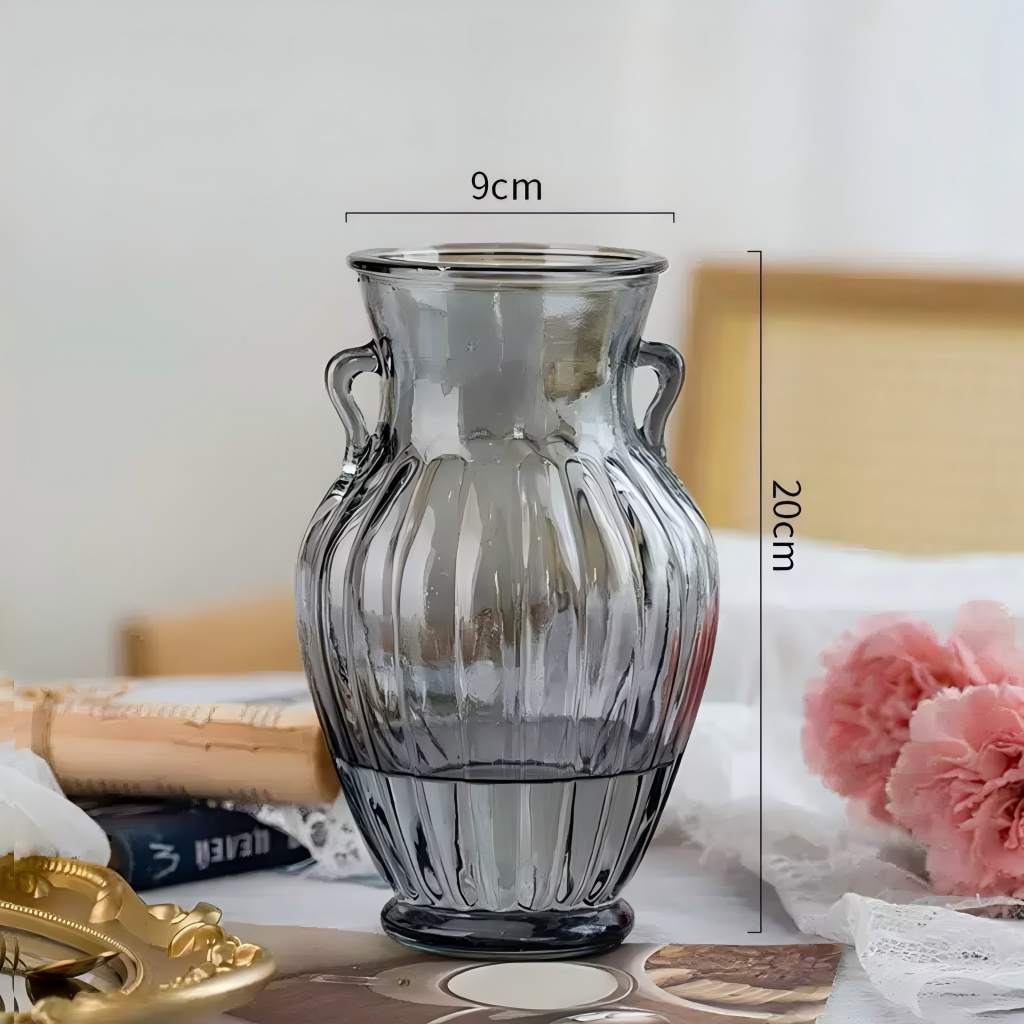 20cm Height Classic Transparent Glass Vertical Stripe Double Ear Vase Amphora