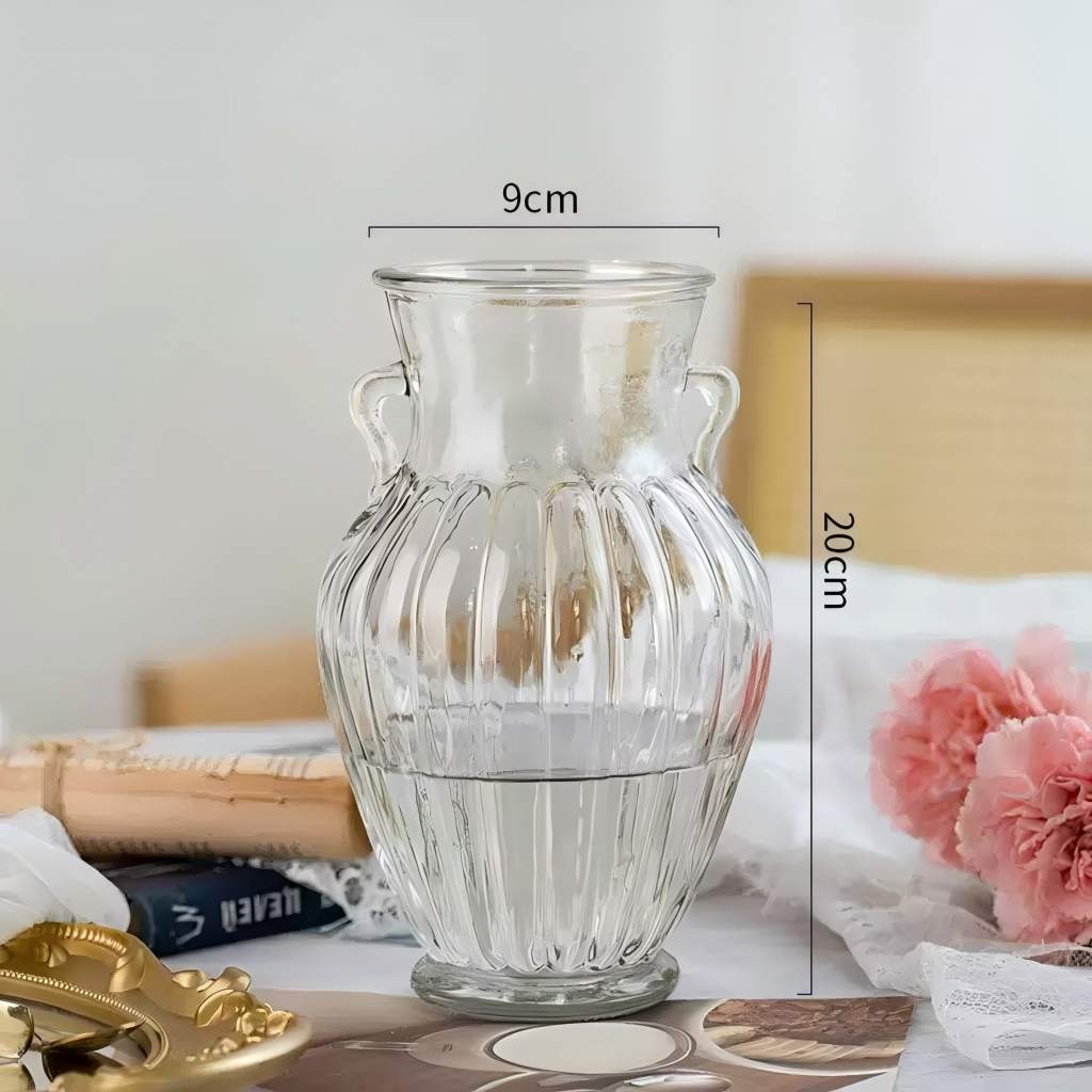 20cm Height Classic Transparent Glass Vertical Stripe Double Ear Vase Amphora