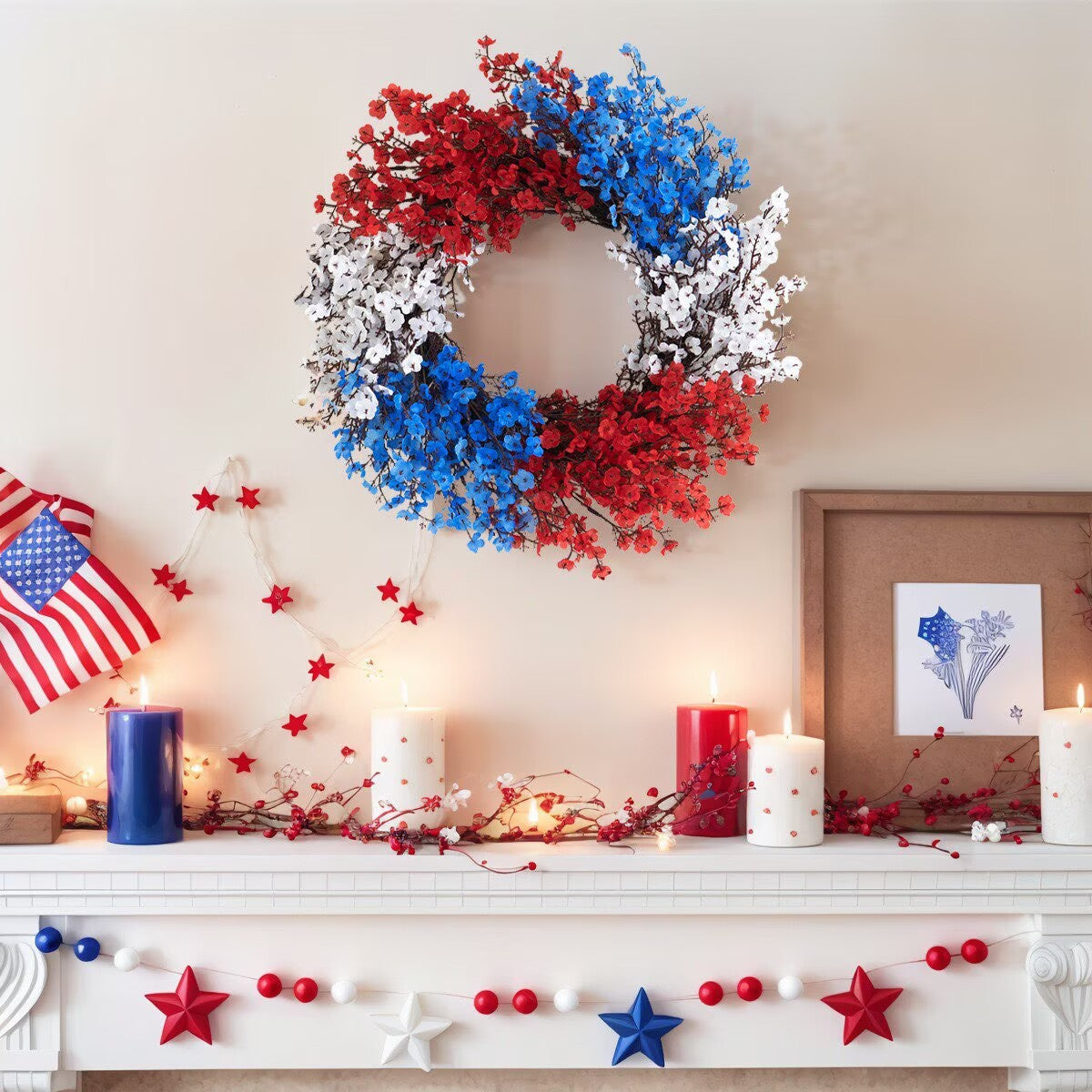 Free Shipping 17" Independence Day Wreaths & 22" Ground Stake Flowers - Baby's Breath & Violet