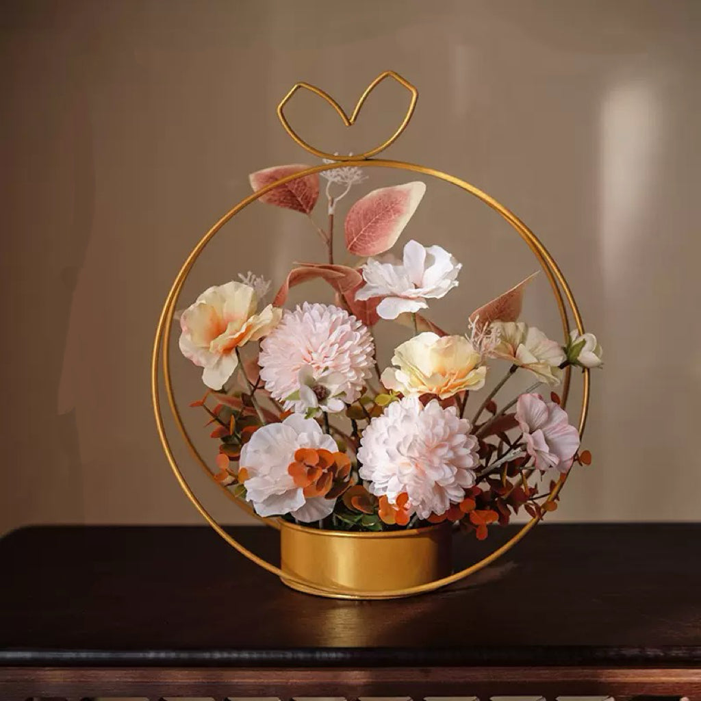 Free Shipping Heart Shaped Golden Metal Basket Artificial Silk Flower Table and Home Decor