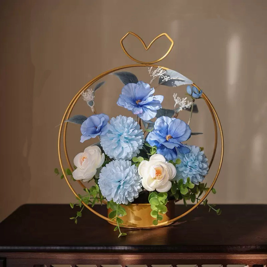 Free Shipping Heart Shaped Golden Metal Basket Artificial Silk Flower Table and Home Decor