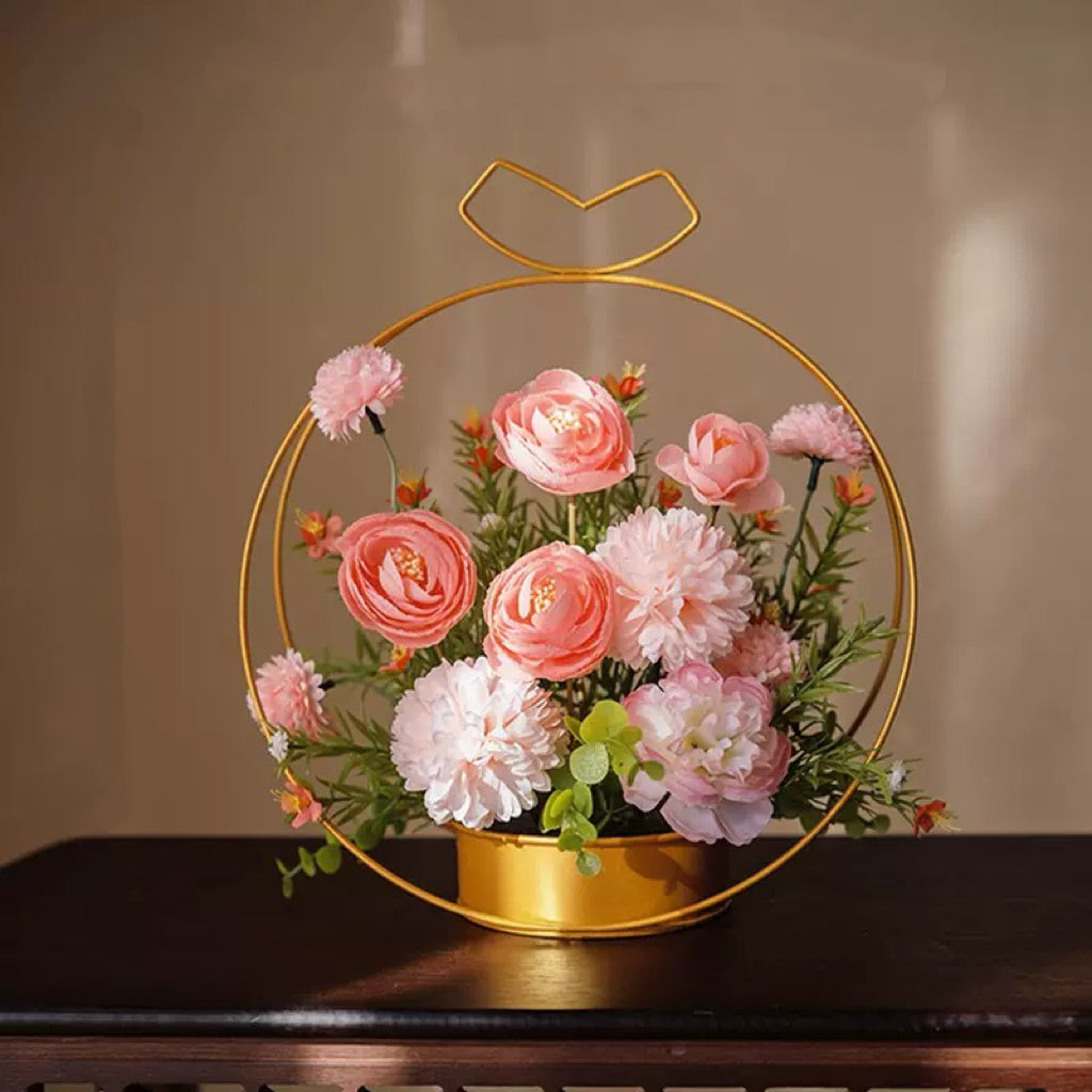 Free Shipping Heart Shaped Golden Metal Basket Artificial Silk Flower Table and Home Decor