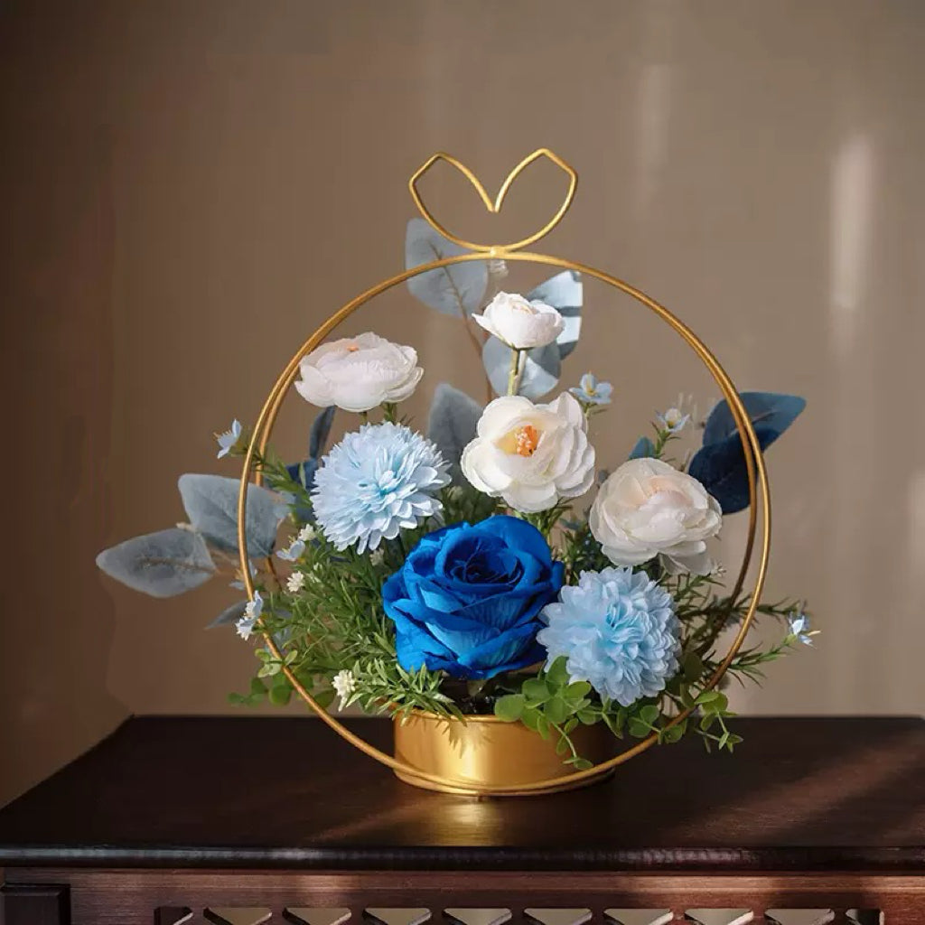 Free Shipping Heart Shaped Golden Metal Basket Artificial Silk Flower Table and Home Decor
