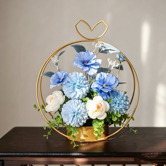 Free Shipping Heart Shaped Golden Metal Basket Artificial Silk Flower Table and Home Decor