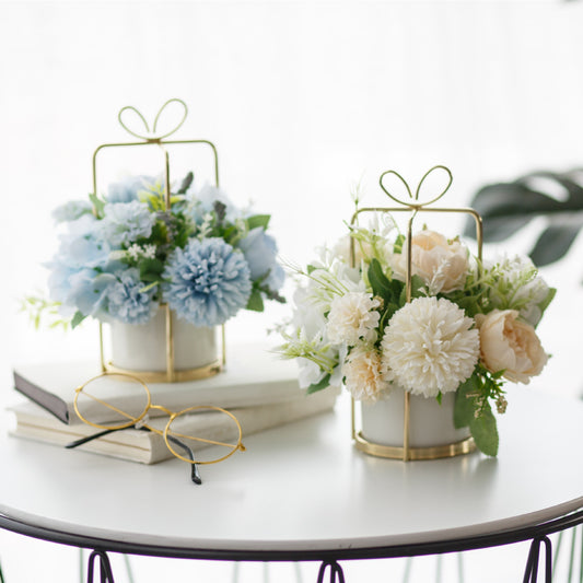 Free Shipping Gift Box Shaped Golden Metal Basket Artificial Silk Flower Table and Home Decor