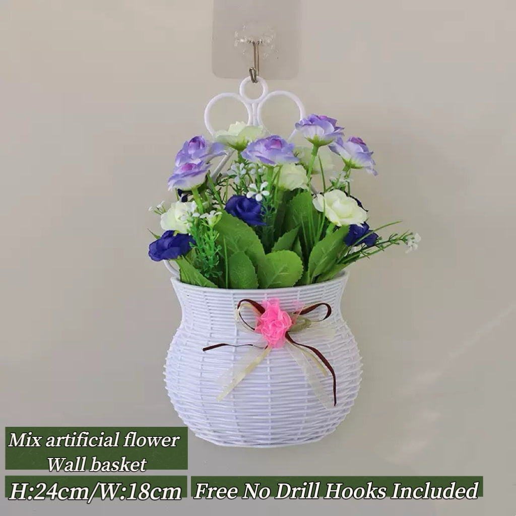 Home Decor Artificial Flowers Hanging Basket Wall Decor No Drilling Hook