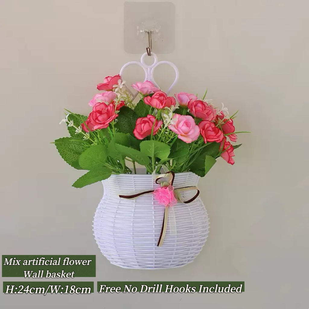 Home Decor Artificial Flowers Hanging Basket Wall Decor No Drilling Hook