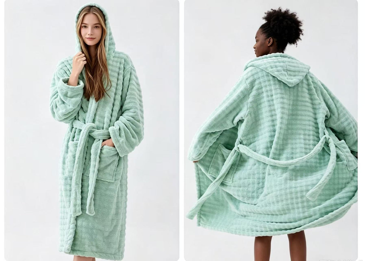 Free Shipping Women Cloud‑Soft Coral Fleece Hooded Bath Robe Long Warm Loungewear Pijama Robe with Pockets