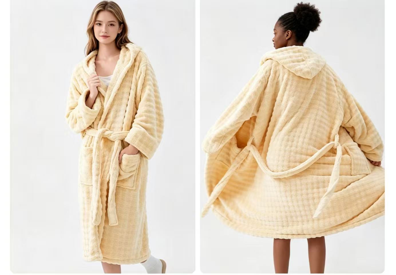 Free Shipping Women Cloud‑Soft Coral Fleece Hooded Bath Robe Long Warm Loungewear Pijama Robe with Pockets