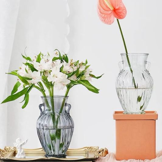 20cm Height Classic Transparent Glass Vertical Stripe Double Ear Vase Amphora