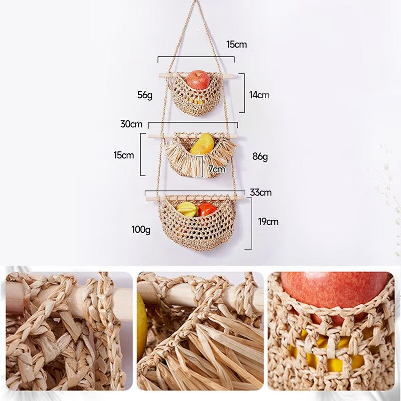 Free Shipping Boho Macrame Woven Wall Storage for Fruit, Space-Saving Cotton Rope Produce Organizer for Pantry & Bathroom