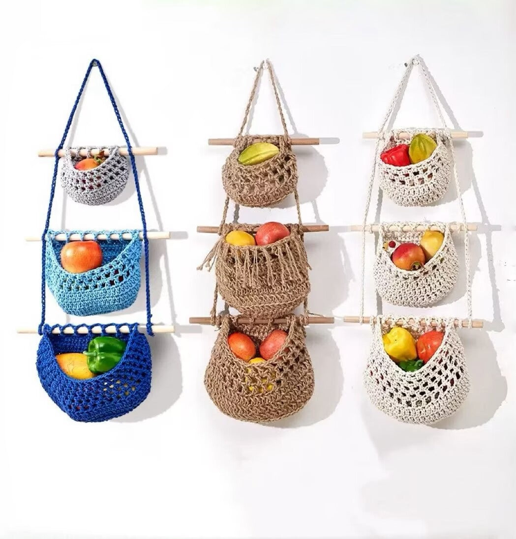 Free Shipping Boho Macrame Woven Wall Storage for Fruit, Space-Saving Cotton Rope Produce Organizer for Pantry & Bathroom