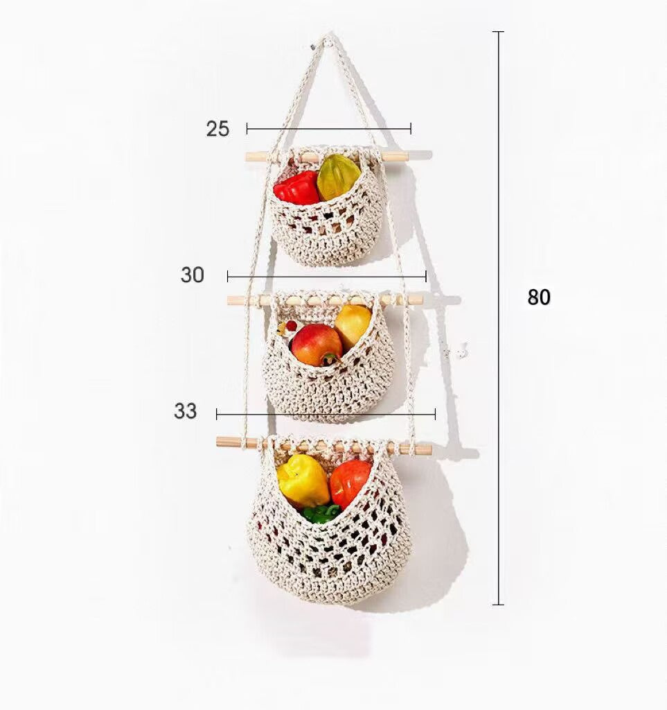 Free Shipping Boho Macrame Woven Wall Storage for Fruit, Space-Saving Cotton Rope Produce Organizer for Pantry & Bathroom